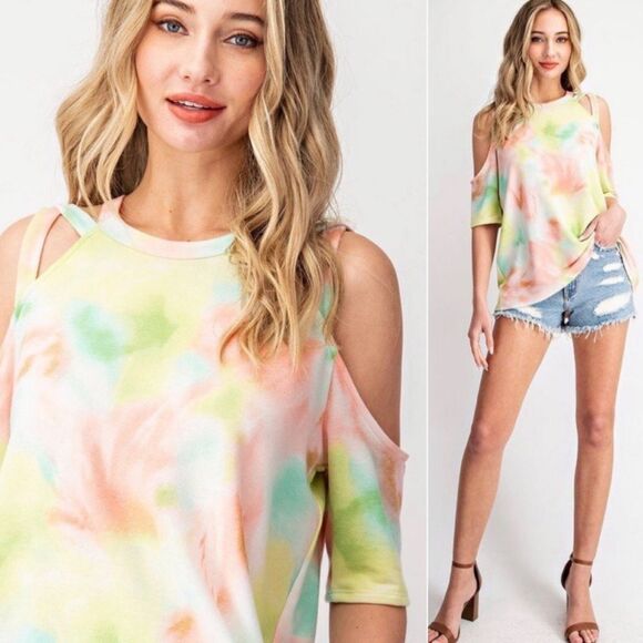Sherbet Neon Baby French Terry Tie Dye Cold Shoulder Top Sizes Small & Med NWT - Picture 3 of 6